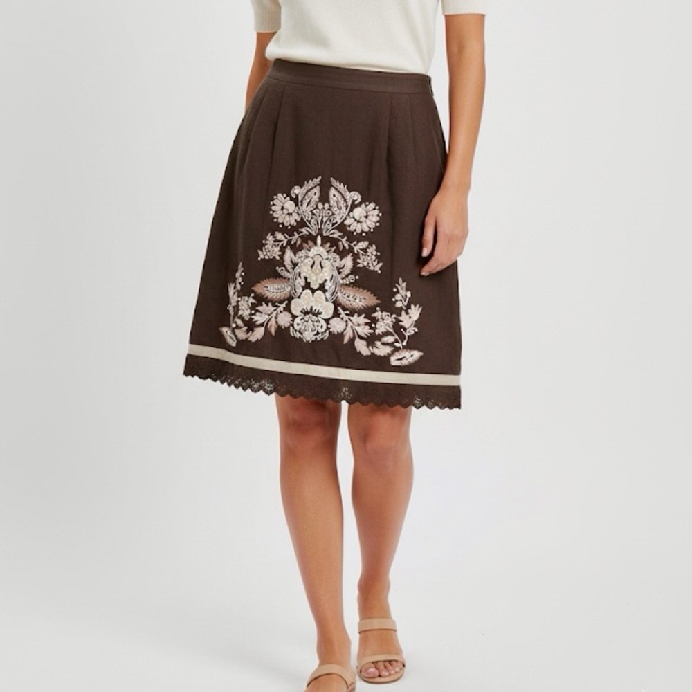 LOFT Ann Taylor Brown Floral Embroidered Eyelet Trim Linen Skirt Knee-Length 8
